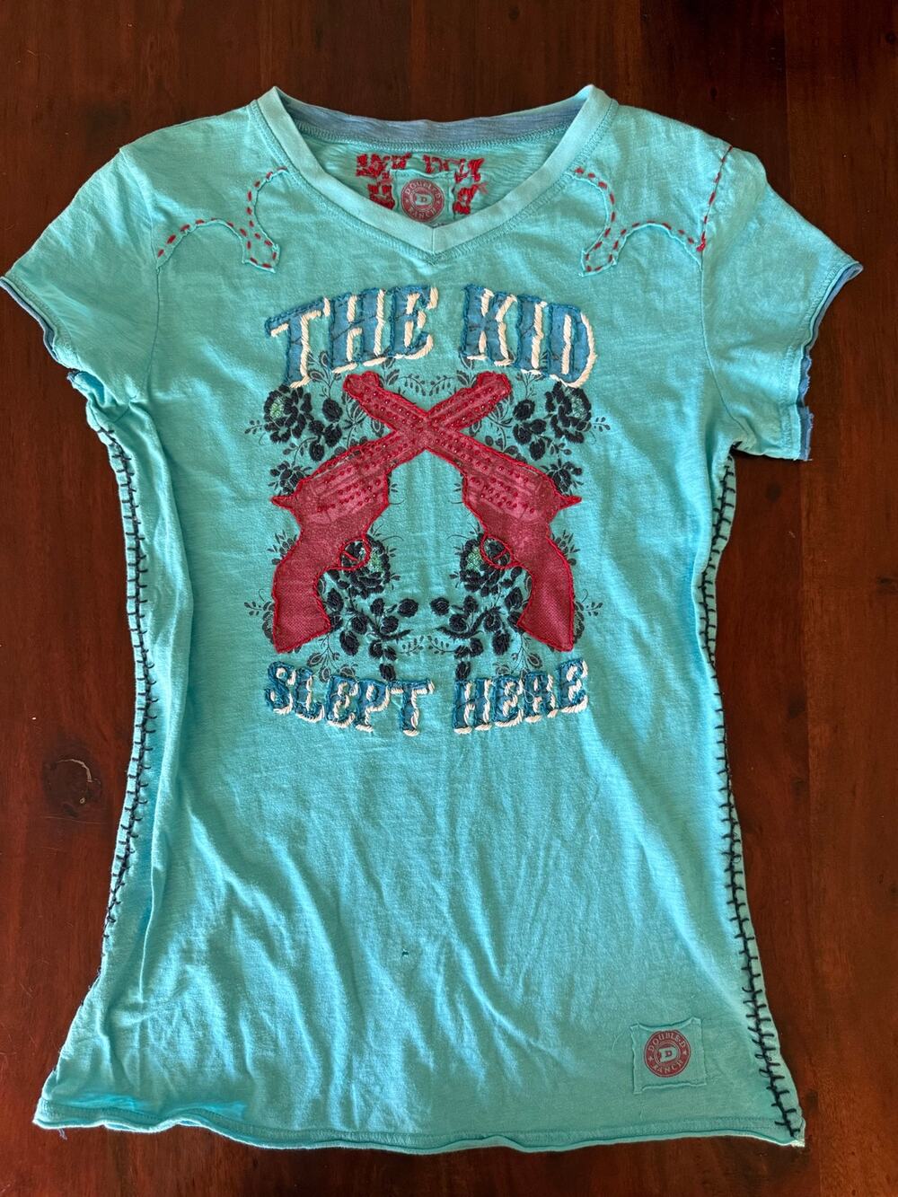 Y2K Doubled D Ranch embroidered "The Kid Slept here" turquoise size M READ